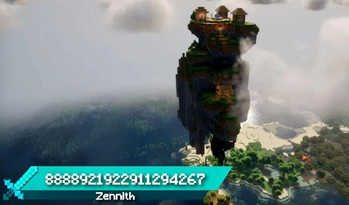 Village lơ lửng giữa mây trời cạnh cliff và void Minecraft