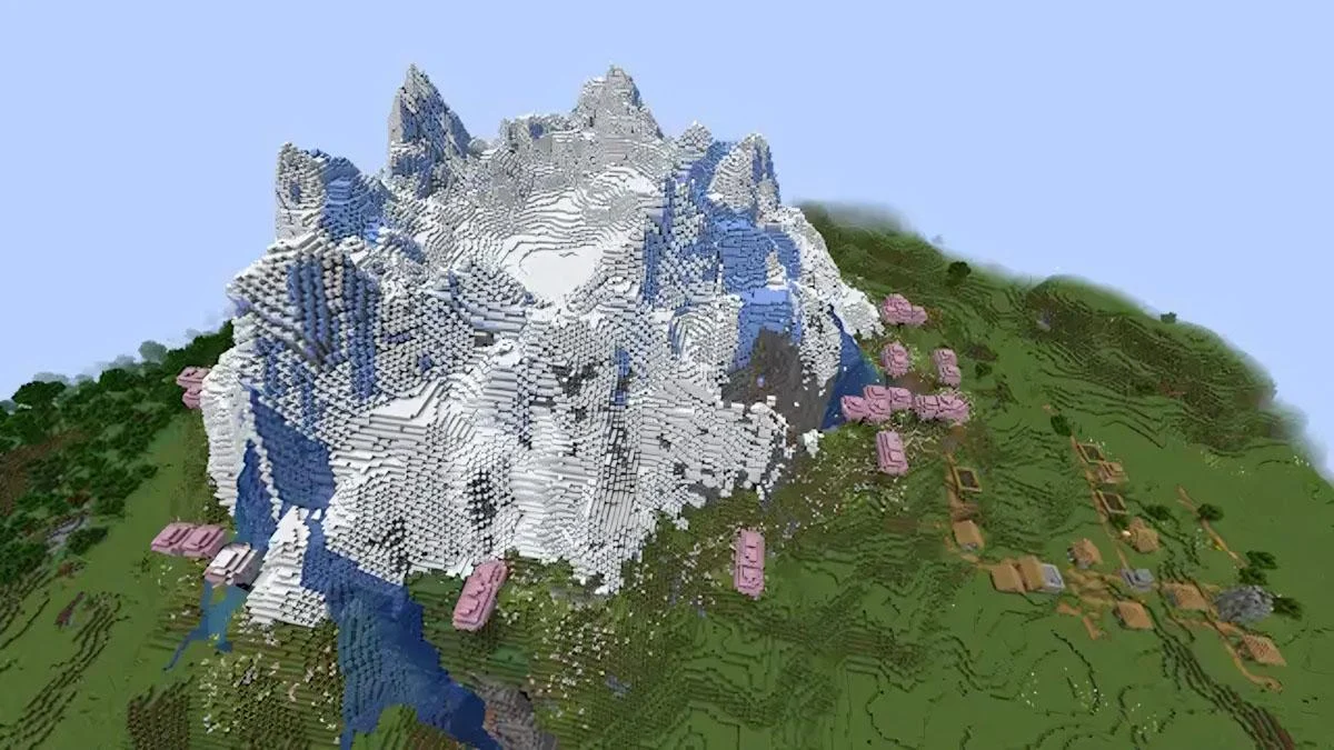 Cherry Grove cạnh snowy mountain và village gần spawn
