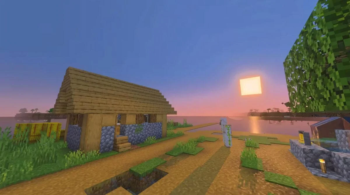 Villager hut cô độc giữa biển cạnh Sunflower Plains và Savanna