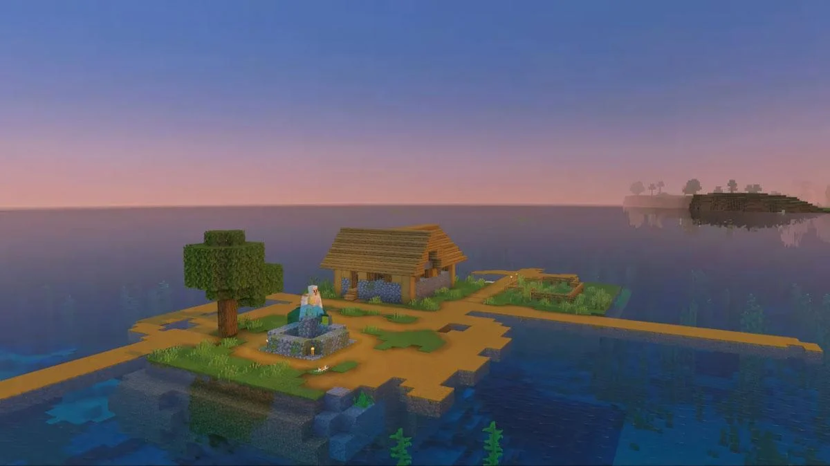 Villager hut trên đảo Savanna giữa biển Minecraft rộng lớn