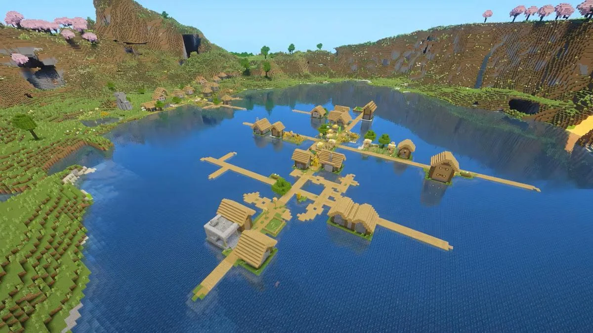 Village nổi giữa deep lake cạnh Cherry Grove và mountain