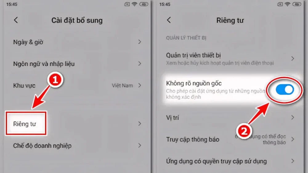 Cho phép thiết bị cài file bên ngoài