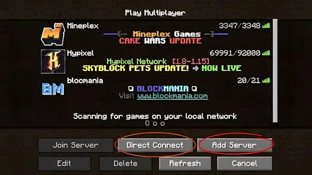 Chọn server Minecraft trước khi chơi cùng bạn bè online