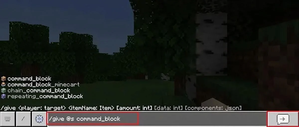 Nhập lệnh /give [Tên người chơi] command_block [Số Block bạn cần]