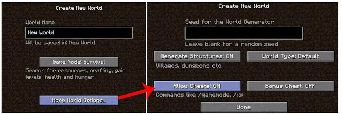 More World Options > Allow Cheats: ON
