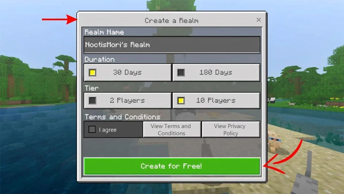 Nhập tên và tính năng > Create for Free