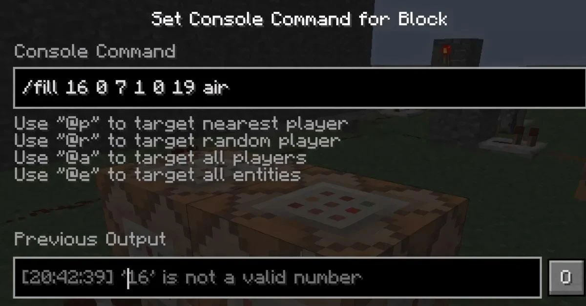 Dùng lệnh /fill air trong Minecraft PE xóa khối nhanh