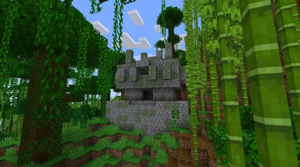 Jungle Biome with cây cổ thụ, dây leo và là nơi sống của Ocelot