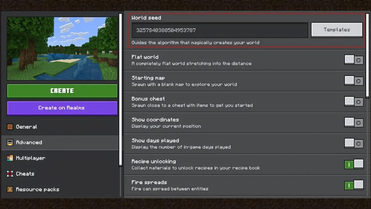 Create New World > Advanced > Nhập Seed