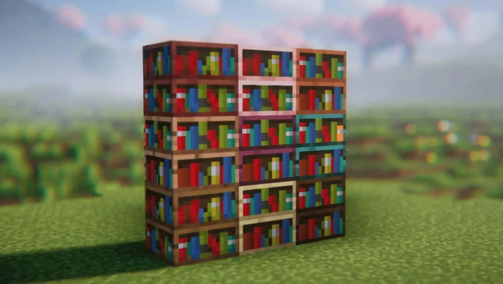 Chiseled Bookshelf lưu sách và hỗ trợ cơ chế Redstone bí mật.