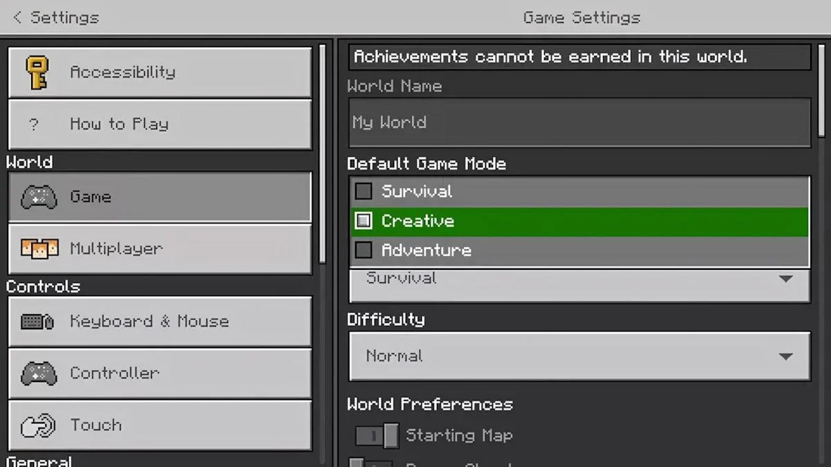 Default Game Mode > Creative
