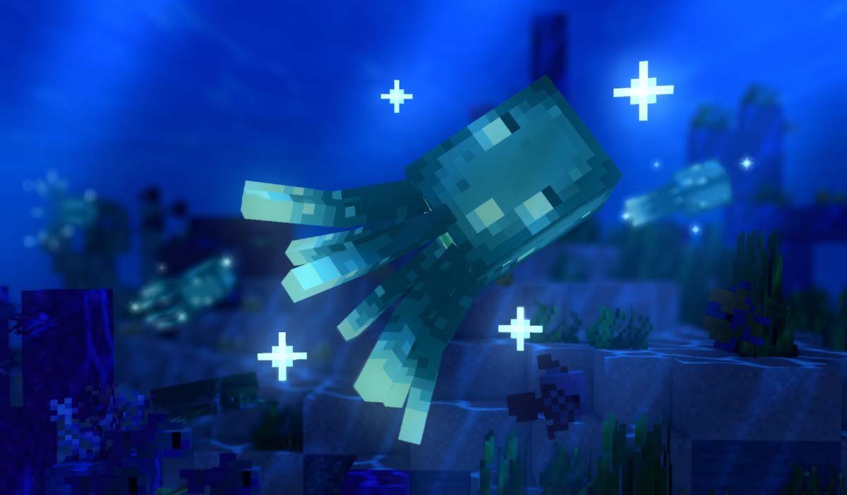 Glow Squid rơi Glow Ink Sac làm biển báo và Item Frame phát sáng